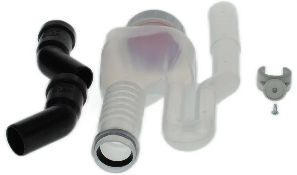 Siphon mit mehreren Anschlüssen und einem transparenten Teil. Teile zur Verbindung und Ableitung von Wasser, passend für Anwendungen von Bosch.